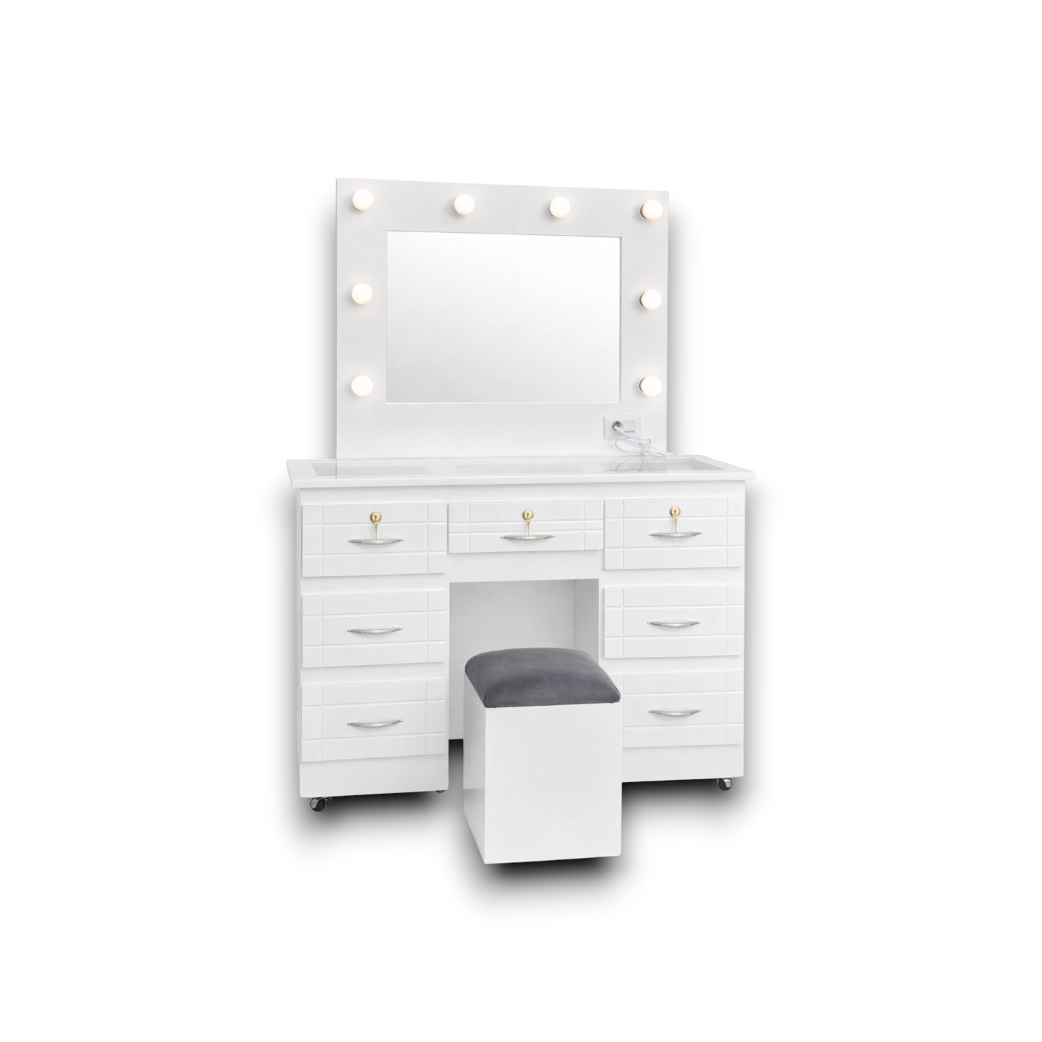 TOCADOR CON LUZ Y ESPEJO  BASE DE VIDRIO CON BANQUITO