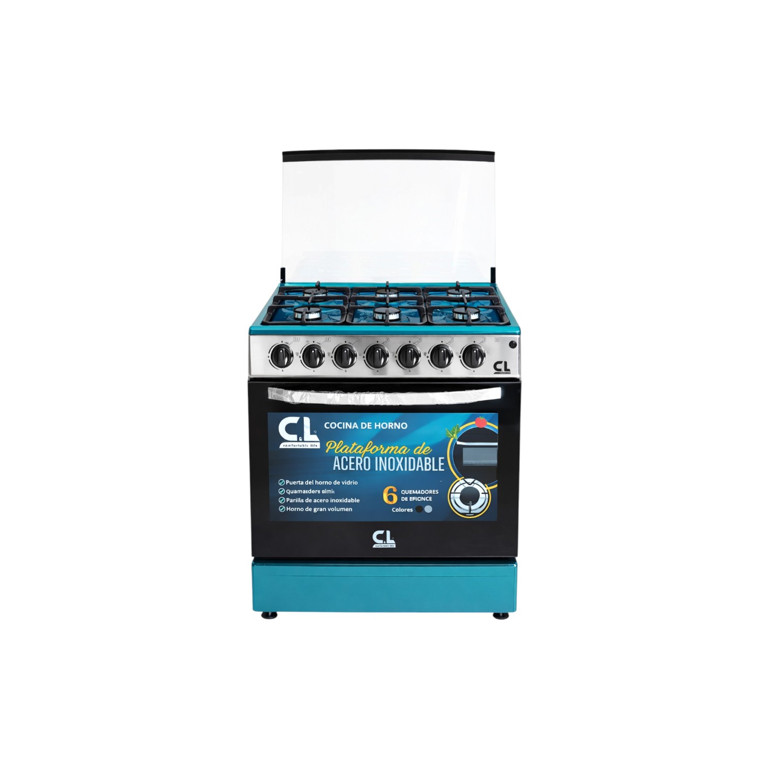 COCINA CYL MODELO CL-M825G TAPA DE  VIDRIO PARRILLA  HIERRO FUNDIDO 6 QUEMADORES